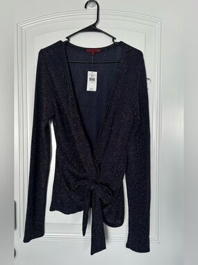 Buckle Sparkle V-neck Tie-Front Long Sleeve Top - Black with Metallic Thread. XL